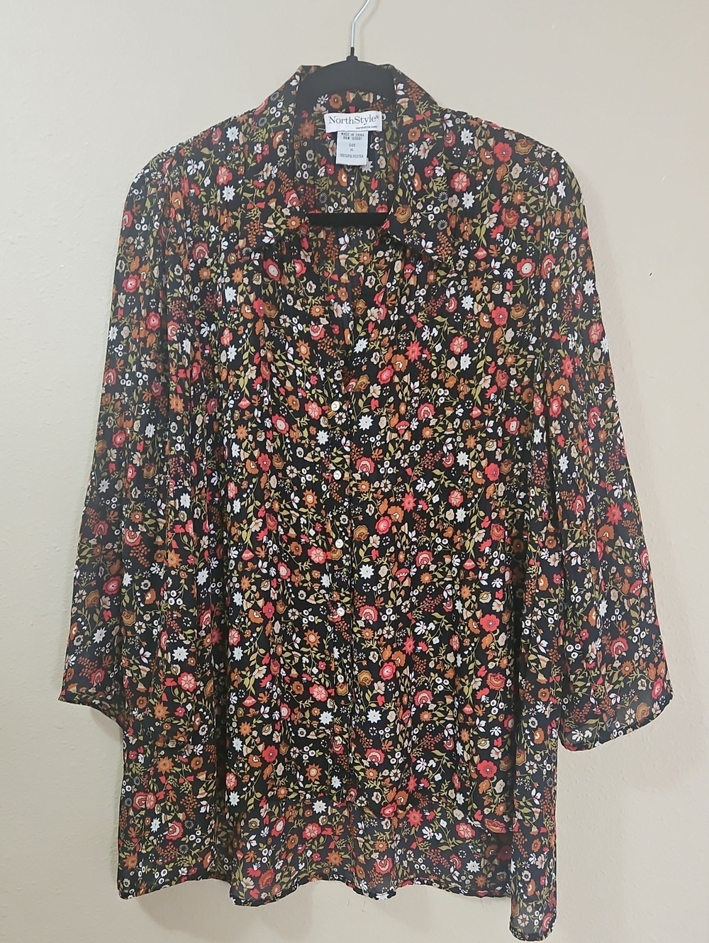 NorthStyle Black Floral Button-Up Blouse with Red, White & Green Flowers